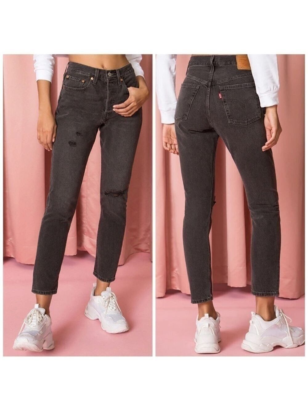 Levis Premium 501 Skinny High Rise Distressed Faded Black Non-Stretch Denim Jean